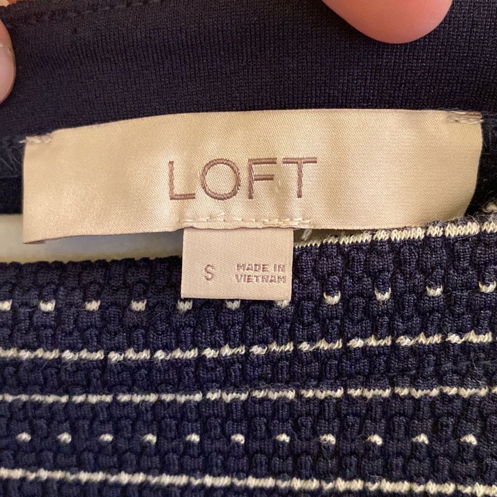 Loft Textured‎ Knit Blue White Striped Square Neck Shift Dress 3/4 Sleeves Sz S - Picture 3 of 10